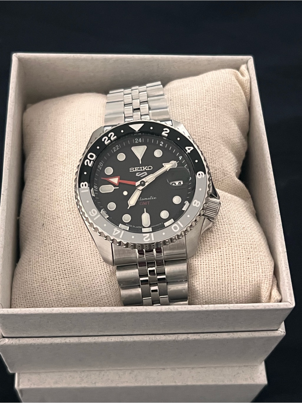 Seiko Silver Stainless Steel Watch With Black Dial And Gmt Bezel